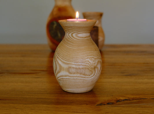 Sculpted Wooden Tealight Holder – 15 cm Vase Form